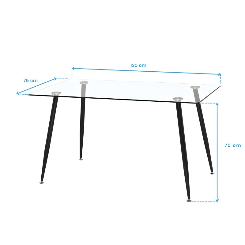 Mesa rectangular con tablero blanco y patas negras inclinadas con detalles metálicos