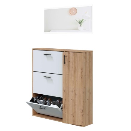 Zapatero de madera natural y blanco con tres compartimentos y puerta lateral abierta mostrando zapatos organizados
