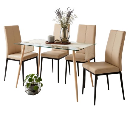 Conjunto de comedor con mesa de cristal y cuatro sillas tapizadas en beige con patas de madera y metal negro