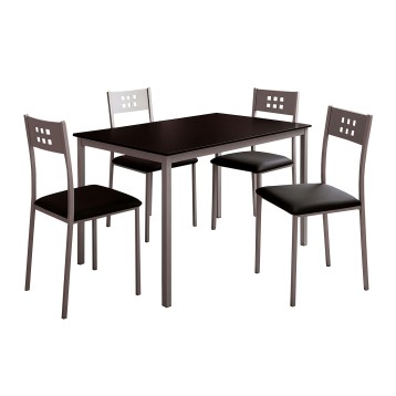 Juego de comedor con mesa negra rectangular y cuatro sillas de metal gris con asiento acolchado negro