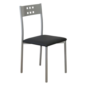 Silla de metal gris con respaldo perforado y asiento tapizado en negro