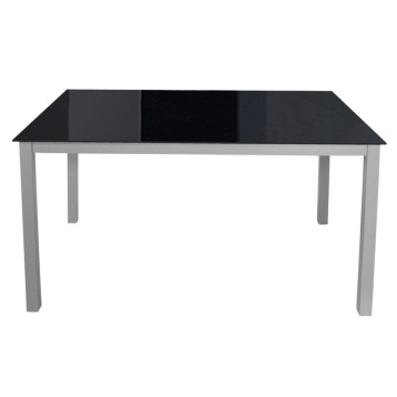 Mesa de comedor rectangular con tablero negro y estructura gris de cuatro patas vista frontal