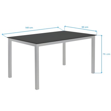Mesa rectangular con tablero negro y estructura de patas grises con esquema de medidas
