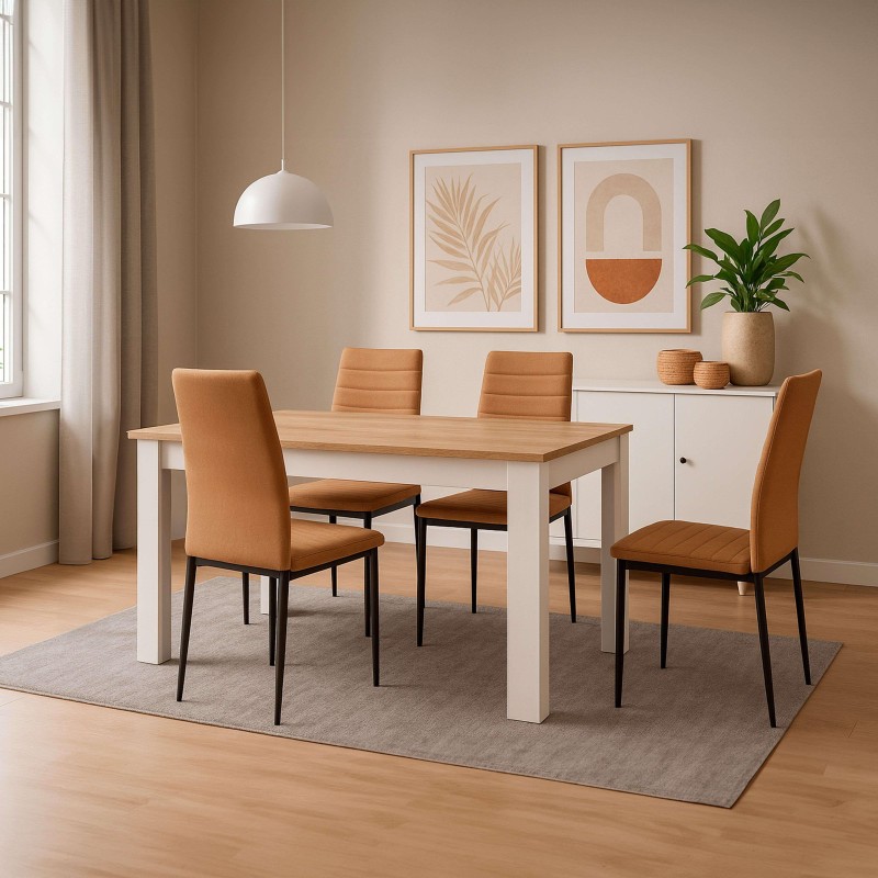 Comedor con mesa rectangular de madera y patas blancas rodeada de sillas tapizadas en naranja y patas negras en ambiente moderno