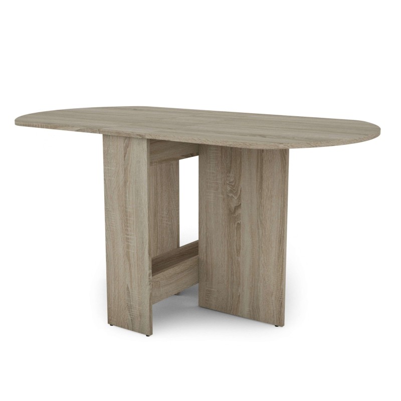Mesa de comedor ovalada en madera clara con base de paneles geométricos