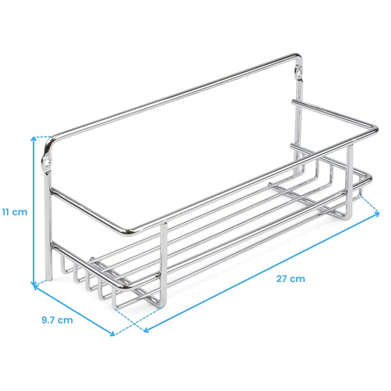 Organizador de cocina en acero cromado con tres niveles y asa frontal para almacenamiento