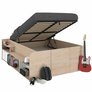 Cama con canapé abatible de madera natural y tapizado gris con almacenamiento integrado y estantes laterales