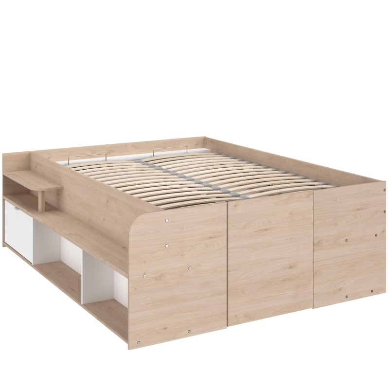 Cama nido con cajones de madera clara y almacenaje integrado vista en perspectiva frontal