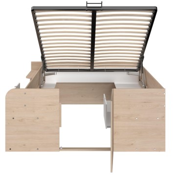 Cama matrimonial de madera clara con almacenamiento integrado y canapé abatible vista superior abierta