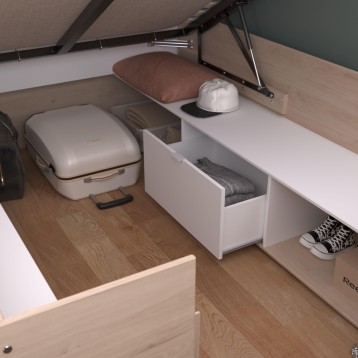 Cama abatible con almacenamiento en blanco y madera vista en ambiente de dormitorio compacto