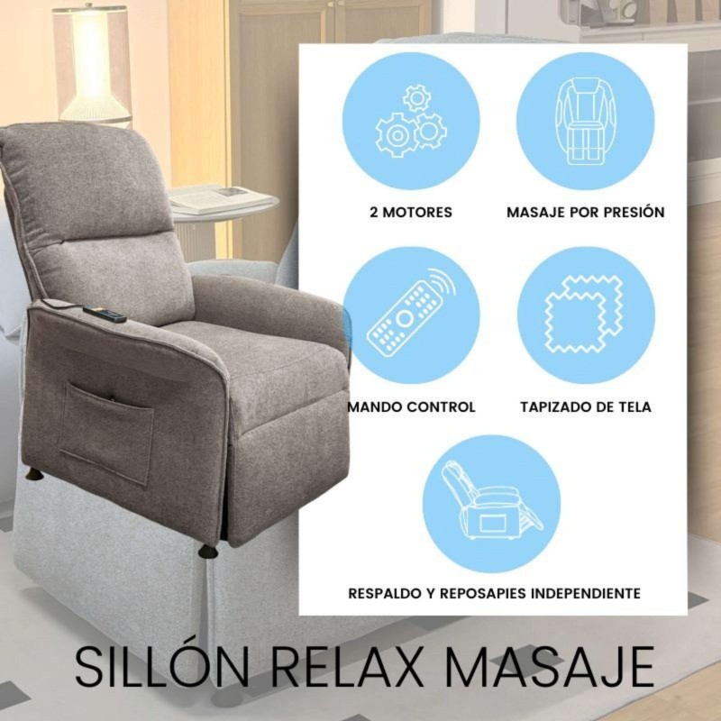 Sillón relax masaje gris claro con respaldo reclinable y características de 2 motores y masaje por presión