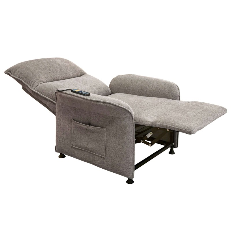 Sillón reclinable tapizado en gris con respaldo y reposapiés ajustables y bolsillo lateral