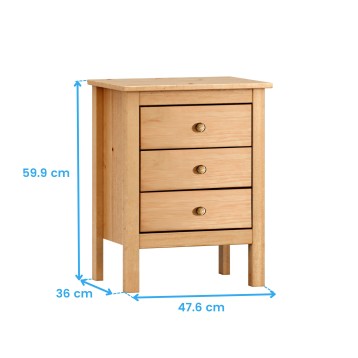 Mesilla de madera clara con tres cajones y patas de madera maciza vista frontal