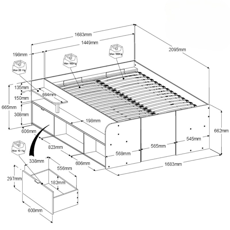 Cama con almacenaje bajo en estructura de madera y cajones laterales extraíbles vista en perspectiva técnica