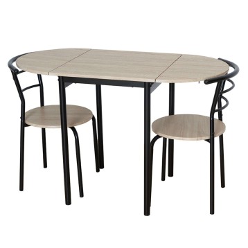 Conjunto de comedor con mesa ovalada extensible en madera clara y patas negras y dos sillas con asiento de madera y respaldo cur