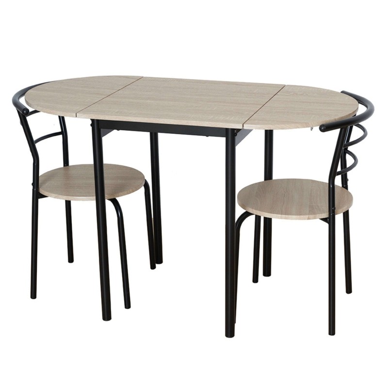 Conjunto de comedor con mesa ovalada extensible en madera clara y patas negras y dos sillas con asiento de madera y respaldo cur