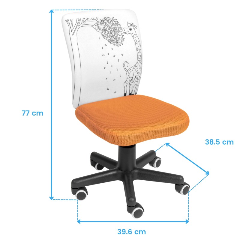 Silla de escritorio infantil con respaldo blanco estampado de jirafa y asiento naranja con base negra giratoria