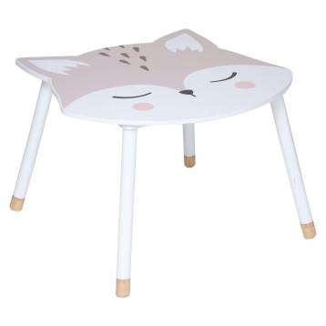 Mesa infantil con forma de animal con cara sonriente y patas blancas y madera