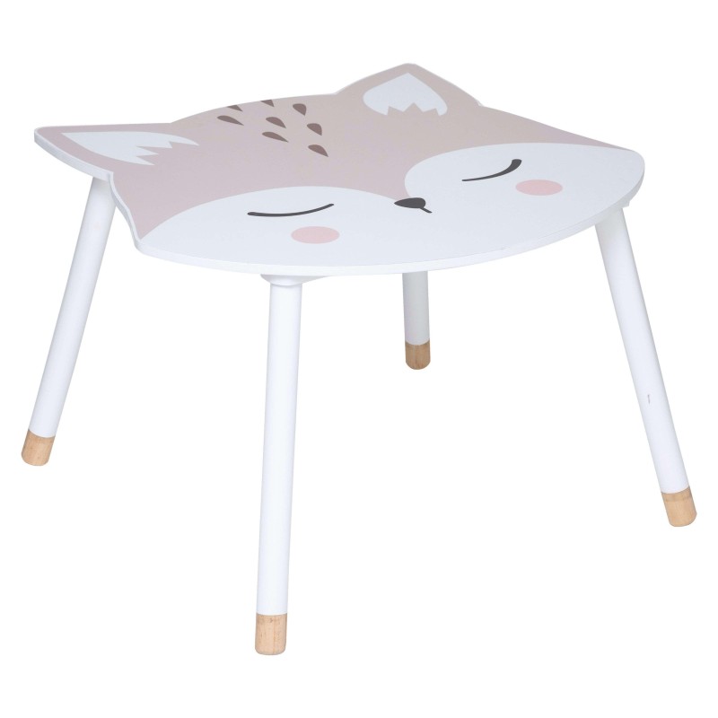 Mesa infantil con forma de animal con cara sonriente y patas blancas y madera