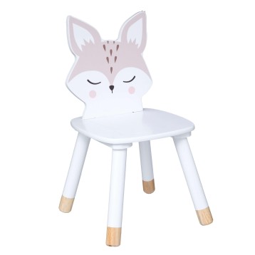 Silla infantil blanca con respaldo en forma de zorro rosa y patas de madera natural