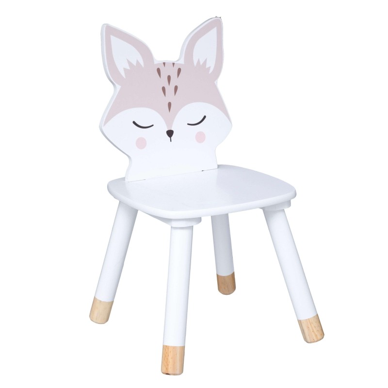 Silla infantil blanca con respaldo en forma de zorro rosa y patas de madera natural