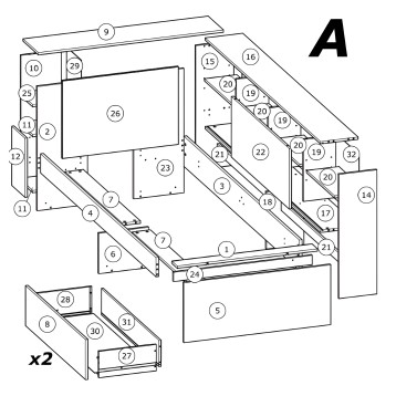 Cama con almacenamiento integrado y despiece técnico mostrando componentes y piezas de montaje numeradas