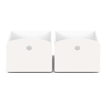 Pareja de cajas almacenaje blancas con asas grises y base negra vista frontal