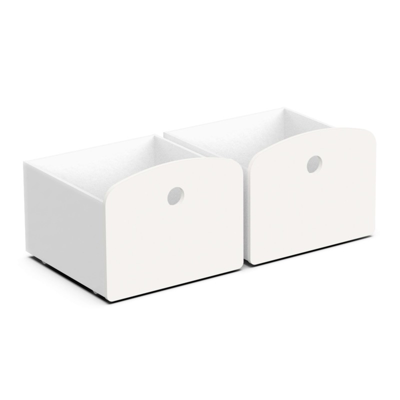 Cajas de almacenamiento blancas con dos compartimentos y asas redondas para organización modular