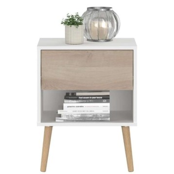 Mesita de noche blanca y madera con cajón y estante abierto patas de madera natural decorada con plantas y lámpara