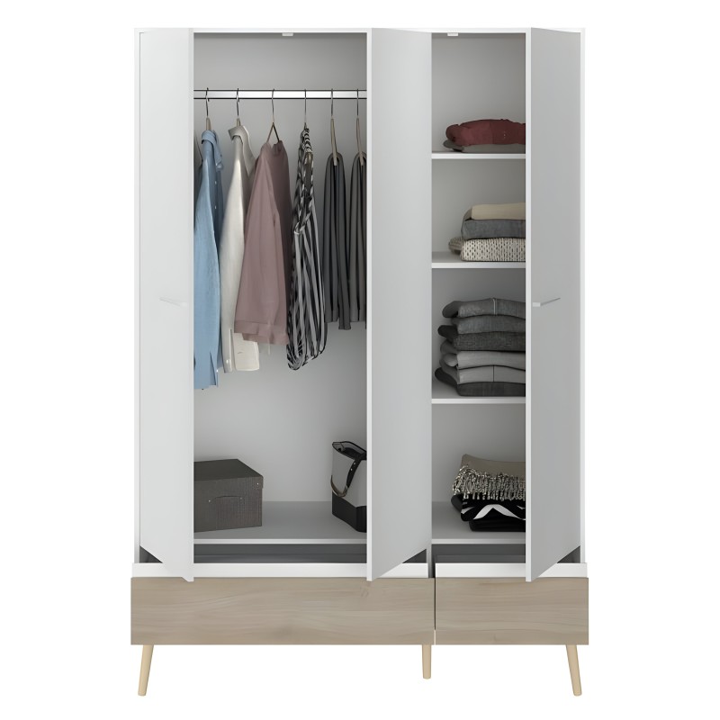 Armario ropero blanco y madera con puertas abiertas mostrando interior con barra de colgar y estantes