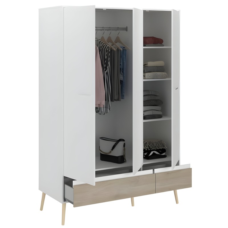 Armario blanco y madera con puertas de cristal y estantes internos para ropa y accesorios