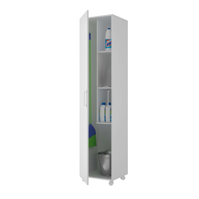 Armario multiusos blanco vertical con puerta abierta y estantes internos para almacenar productos de limpieza