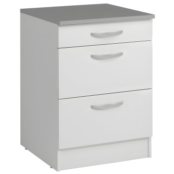 Mueble auxiliar blanco con tres cajones y encimera gris oscuro
