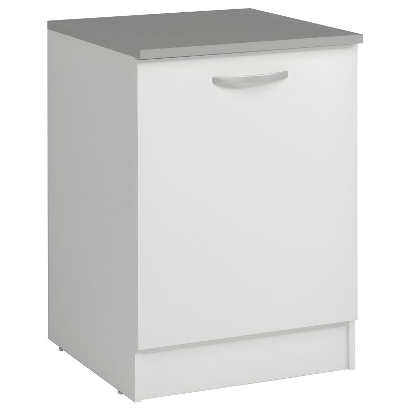Mueble bajo cocina blanco con encimera gris y puerta abatible con tirador metálico