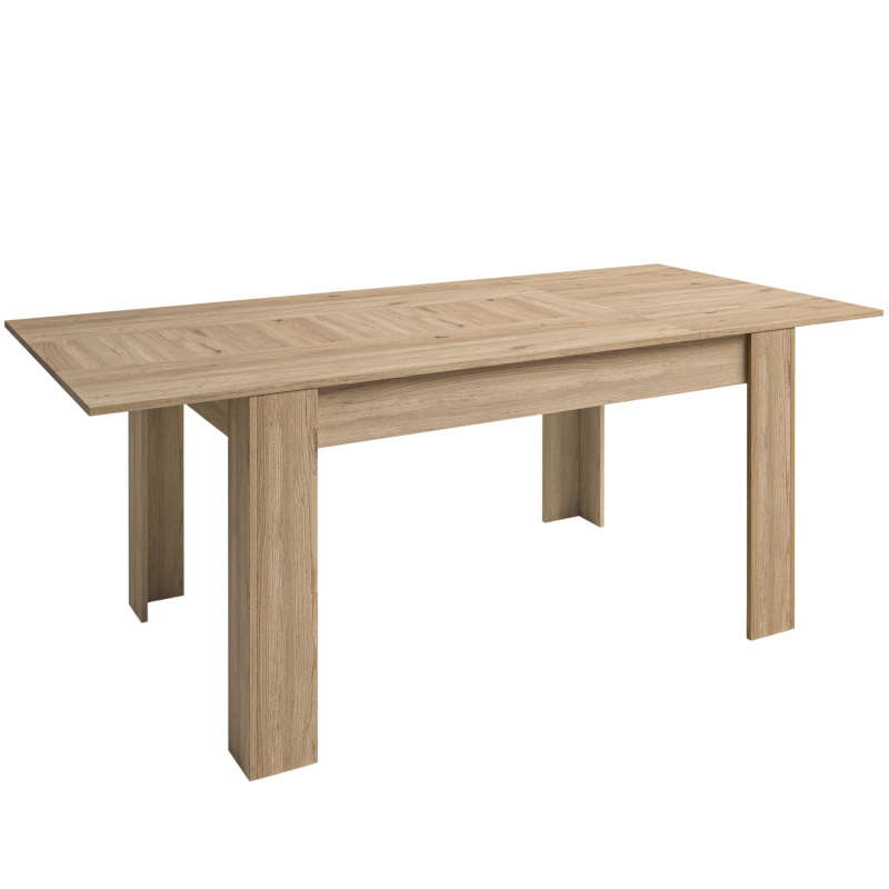 Mesa de comedor rectangular en madera clara con tablero de líneas geométricas y patas macizas