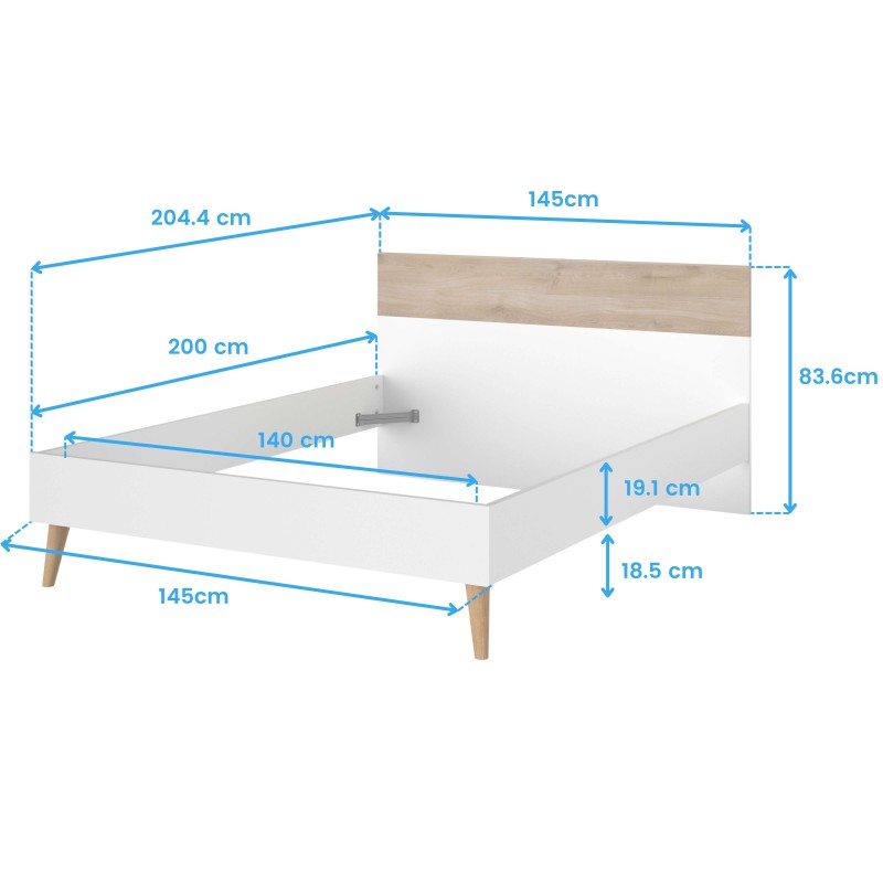 Cama matrimonial con estructura blanca y cabecero de madera clara con patas de madera y medidas técnicas