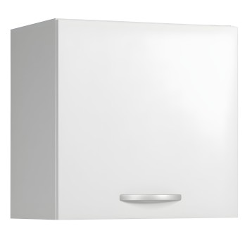 Mueble colgante de cocina blanco con frente lacado y lateral gris y tirador metálico