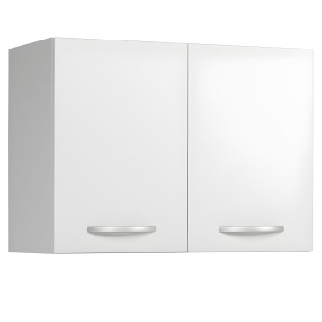 Mueble aéreo de cocina blanco con dos puertas y tiradores metálicos vista frontal y lateral