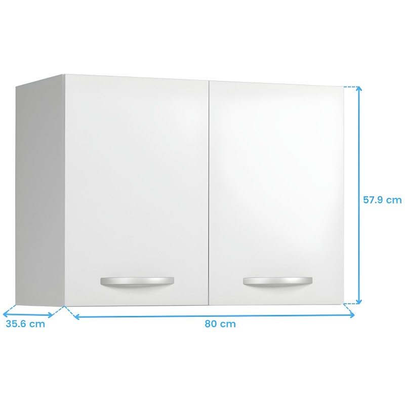 Armario colgante blanco con dos puertas y tiradores metálicos vista frontal y lateral