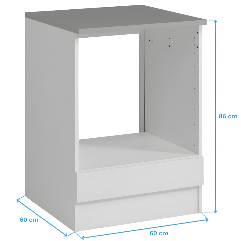 Mueble horno empotrable blanco y gris con marco abierto y dos cajones inferiores vista frontal y lateral