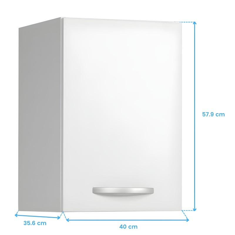Mueble colgante blanco con puerta y lateral gris de almacenamiento y dimensiones indicadas