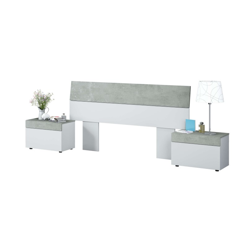 Cama matrimonial con cabecera bicolor gris y blanco y dos mesitas de noche a juego en ambiente