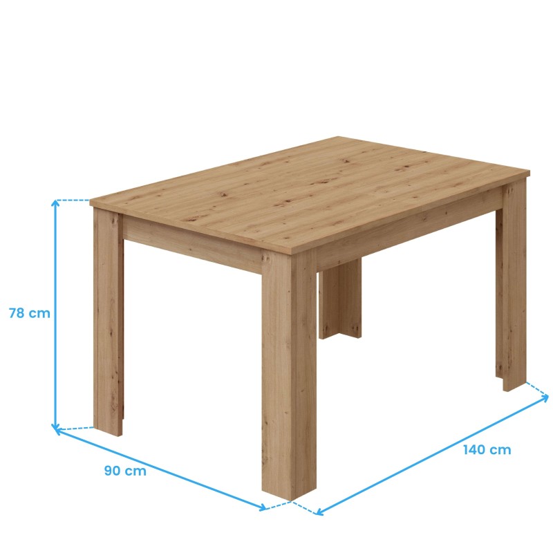 Mesa de comedor rectangular en madera natural con tablero liso y patas macizas vista en perspectiva