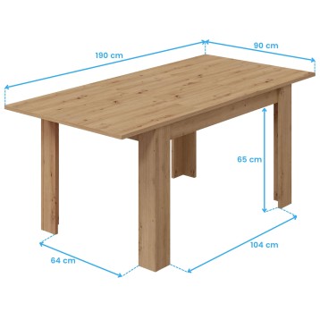 Mesa de comedor rectangular en madera clara con tablero liso y patas macizas en vista técnica con medidas