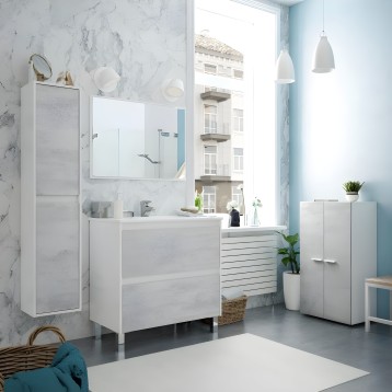 Conjunto de baño blanco con mueble lavabo de dos cajones y espejo rectangular en ambiente moderno