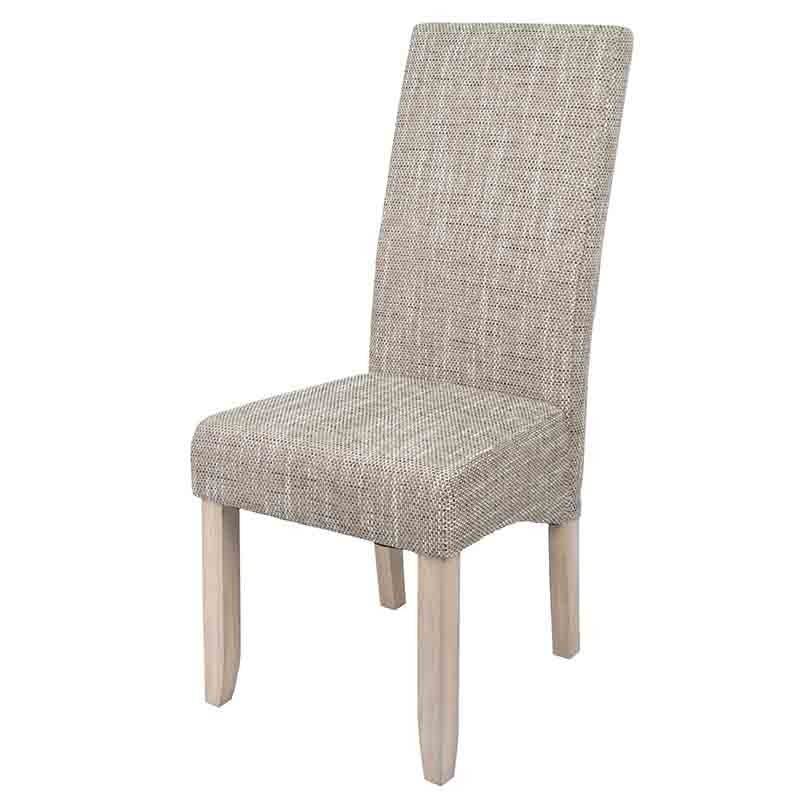 Pack 2 sillas altas para comedor tapizadas en tela arena y estructura en madera de pino Pack 2 sillas altas para comedor tapizadas en tela arena y estructura en madera de pino