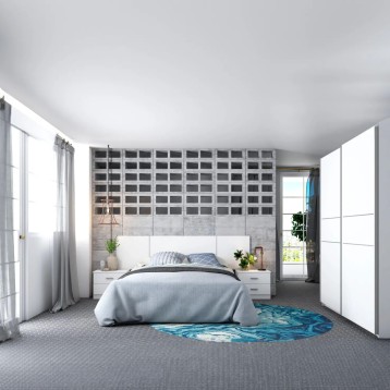 Dormitorio moderno con cama blanca y cabecero tapizado en ambiente completo con muebles a juego y pared de almacenamiento