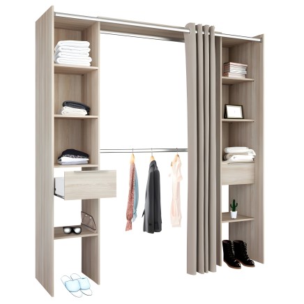 Armario abierto modular en madera clara con barras colgantes y estantes para ropa y accesorios