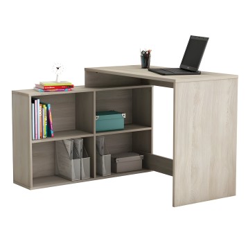 Escritorio en L de madera clara con estantería integrada y compartimentos de almacenamiento para libros y accesorios de oficina