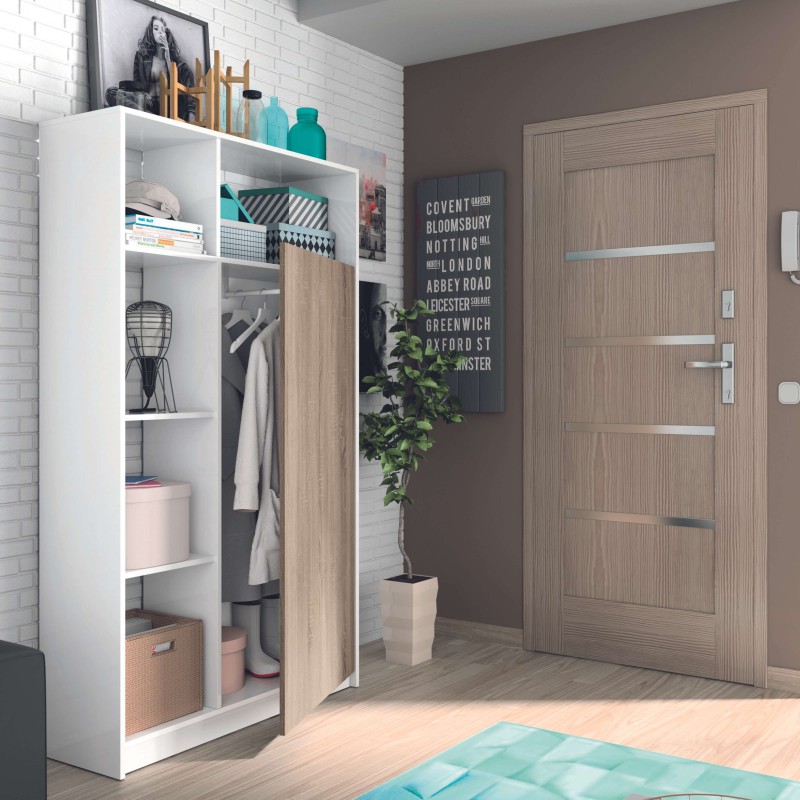 Armario abierto blanco y madera clara con estantes y barra de ropa en ambiente de dormitorio